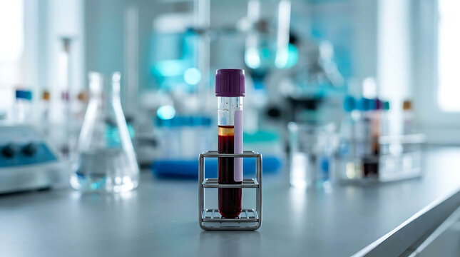 Laboratory scene showcasing blood sample in test tube on metal stand with laboratory equipment in the background