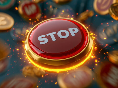 Close-up of a large, glossy red STOP button with gold bevel and outline, surrounded by scattered coins and slot symbols in motion against a high-contrast background suggestive of a gami - AI-Generated