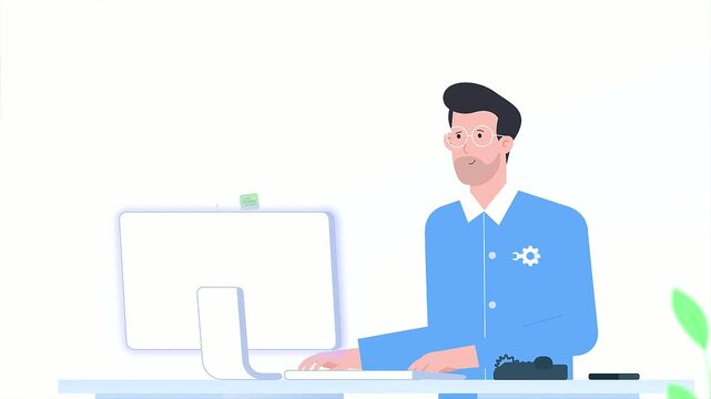 Professional developer working on computer animation video with floating sticky note interface elements and stylized motion graphics for digital business