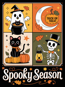 Halloween four panel ghost cat skeleton pumpkin Spooky Season art