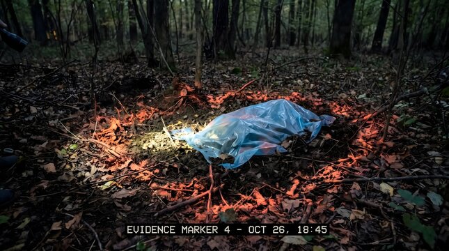 Forensic luminol spray revealing a covered object on the forest floor at night