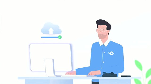 Professional man working on computer performing cloud data upload animation in this modern digital interface style flat graphic motion video