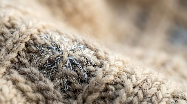 Macro view of textured beige knitted wool fabric with material
