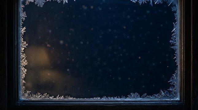 Dark window pane covered in intricate frost patterns with ice crystals
