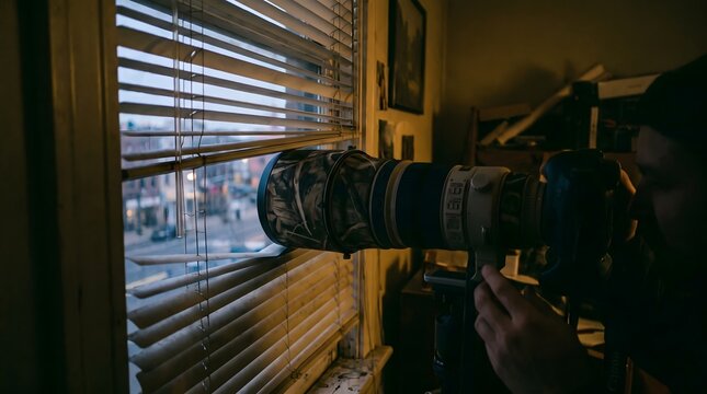 Person using a telephoto camera lens to look through window blinds indoors