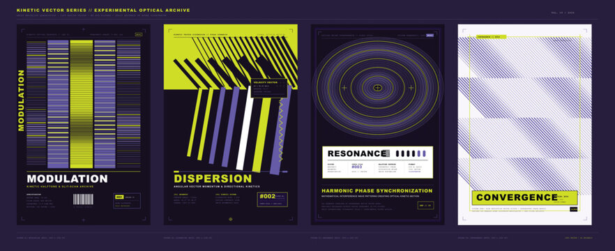 Kinetic vector posters showcase experimental optical designs with colorful patterns at an exhibition focusing on visual art