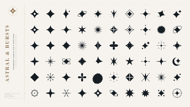 Collection of astral stars and bursts with various shapes and designs in a clear layout on a simple background