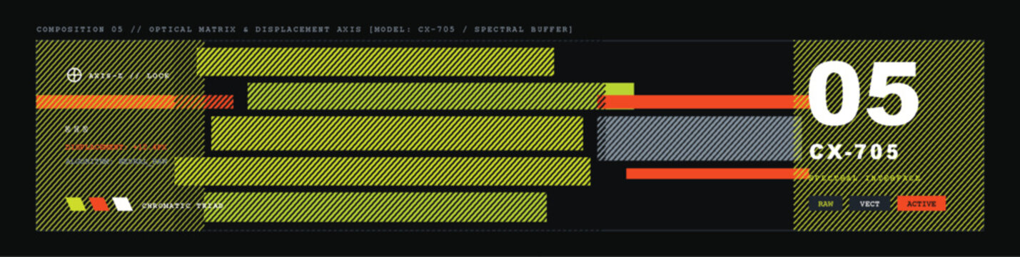 Complex design features of cybertech brutalist architecture with lines and shapes displayed on a screen showing data and patterns in a futuristic style