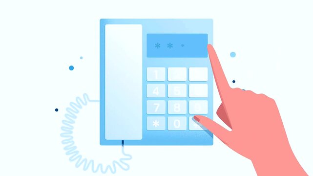 Human hand pressing buttons on blue landline telephone device to enter numeric password code in this animated digital motion footage