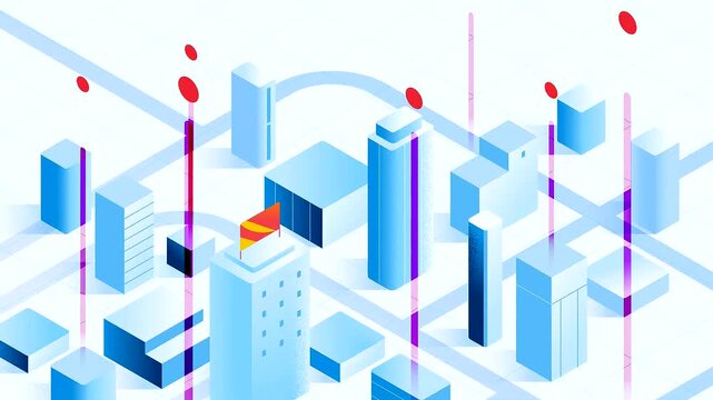 Isometric digital animation showing city buildings appearing with red markers on a bright white grid for modern urban motion footage