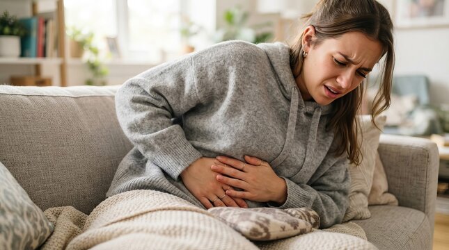 A Young Woman Feeling Intense Abdominal Pain Suffering from Cramps Suffering on a Home Sofa Alone.