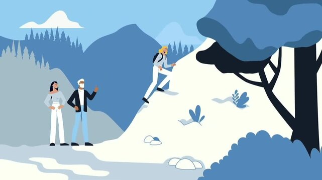Hikers navigating snowy mountain slopes in this animated motion video footage featuring flat vector style illustration of outdoor adventures