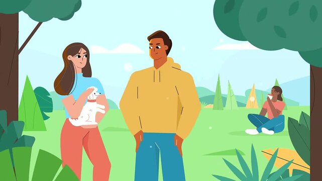 Young couple walking their cute white dog in the public park while having a pleasant conversation during motion video animation