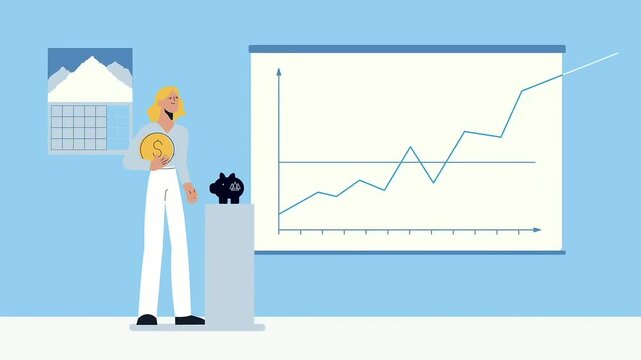 Business woman saving money into piggy bank while line chart grows rapidly in this animated motion graphics vector video footage