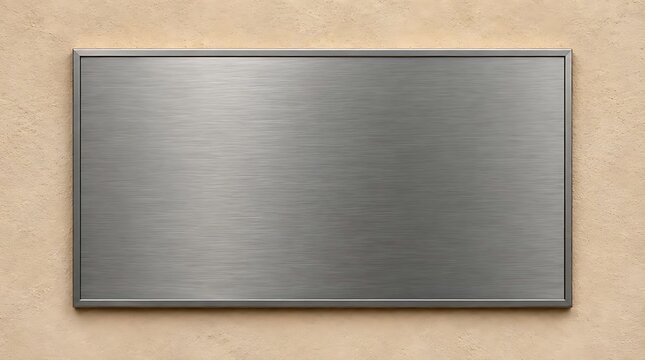 Blank rectangular brushed metal sign with frame mounted on a textured beige wall, professional corporate office plaque for company name or message mockup.