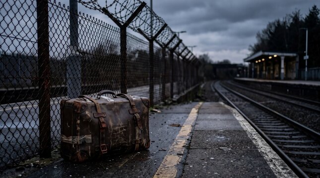 Old Vintage Suitcase Abandoned on Railway Station Platform Near Barbed Wire Migration Refuge Concept