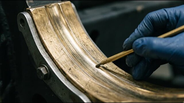 Bronze guide shoe slider insert revealing severe thinning along the golden metallic body of the elevator component