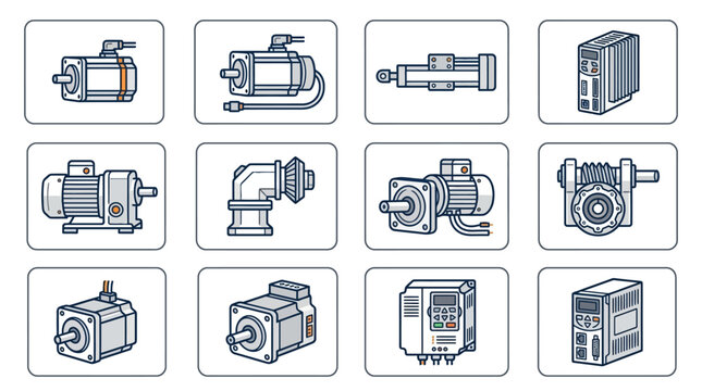 Industrial Showing Various Types of Motors Gearboxes and Electrical Control Units in Monochrome