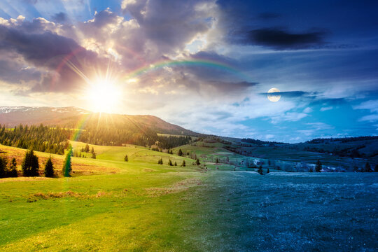 panoramic view of countryside of Ukraine. day meet night. sun and moon over wonderful springtime landscape in Carpathian mountains. grassy field and rolling hills. beautiful rural scenery