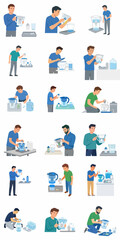 Fototapeta premium Flat Vector Illustration Set of People Using 3D Printers for Prototyping and Hobbyist Projects, Men Engineering Small Plastic Models and Changing Filament Spools on White Background