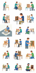 Fototapeta premium A comprehensive collection of flat vector illustrations featuring men building detailed miniature architectural models and wooden structures, depicting creative DIY hobbies and craftsmanship.