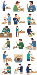 Fototapeta premium Flat vector illustration collection featuring a young man performing diverse DIY activities, home repairs, gardening tasks, carpentry, and handcrafts isolated on a clean white background.