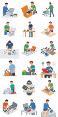 Fototapeta premium Comprehensive collection of flat vector illustrations featuring men packing suitcases and boxes for travel, relocation, or home organization. Isolated characters sorting and decluttering belongings.