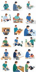 Fototapeta premium Large Collection of Flat Vector Illustrations Showing People Packing Shipping Boxes for E-commerce Business Logistics and Delivery Fulfillment Service isolated on White Background