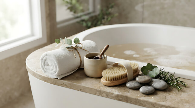 Spa accessories with rolled towel and massage stones on a bathtub edge