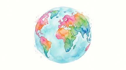 Obraz premium Colorful watercolor world map globe illustration with bright artistic paint splashes representing global unity and earth