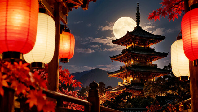 Illuminated Japanese Pagoda Under Full Moon with Glowing Paper Lanterns and Autumn Maple Leaves