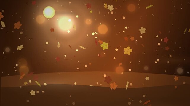 Golden star particles falling on warm brown background, festive bokeh light animation, elegant glowing confetti loop for holiday celebrations
