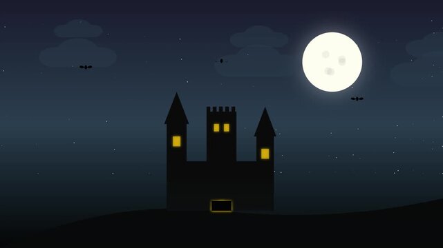 Spooky castle silhouette standing under full moon during dark Halloween night