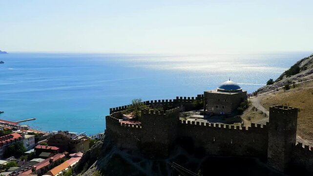 Sudak, Crimea. Genoese fortress in Sudak. Medieval fortress with an area of over 30 hectares. on the Black Sea coast. Drone footage