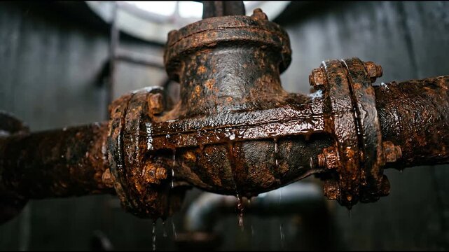 Cast iron check valve weeping dark brown condensate liquid across oxidized metal body with orange rust spots