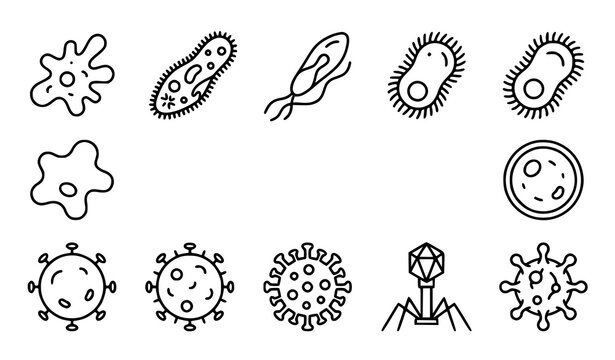 Protozoan and Virus Microorganism Outline Icon Set, Medical Microbiology Black White Vector Symbols