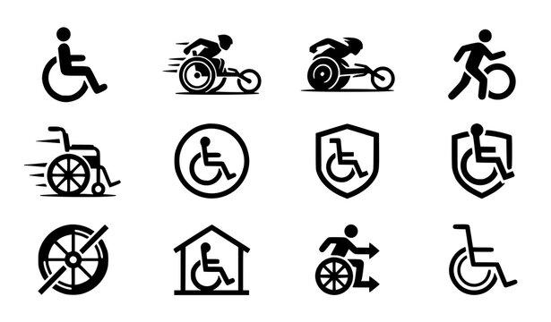 Wheelchair Accessibility Logo Design Set, Disability Inclusion and Mobility Black White Vector Symbols