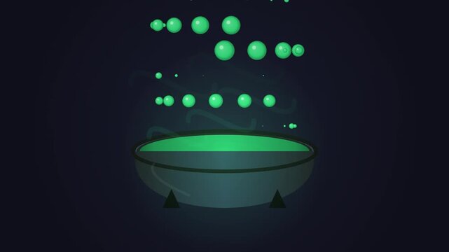 Witches cauldron glowing with magical green potion bubbles rising in dark background