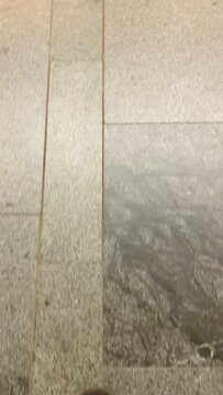 POV Commuter shoes and houndstooth coat standing on tactile warning tiles at platform edge concrete tiles scuffed. Video taken on mobile device.