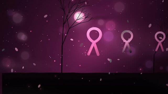 Pink ribbon breast cancer awareness animation, glowing medical health symbols in dark purple night landscape, hope and support concept video