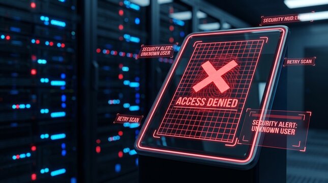 Biometric security terminal displaying access denied error message in dark server room, Generative AI