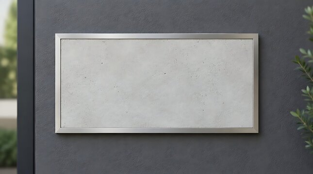 Modern blank rectangular concrete sign in metal frame mounted on dark textured wall, minimalist industrial plaque mockup for company branding or logo presentation on building exterior.