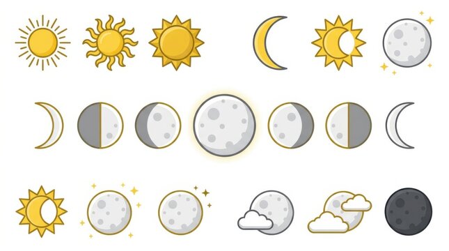 Colorful moon and sun phases icon set