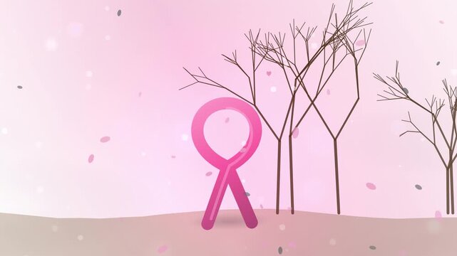 Pink ribbon breast cancer awareness symbol, 3D animated health campaign loop, medical charity support background with winter trees
