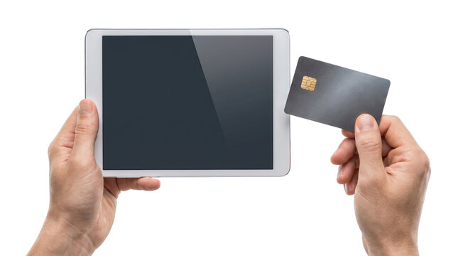 Hands holding tablet and credit card for online payment  