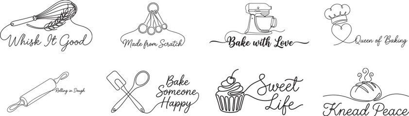 Obraz premium Set of continuous line art baking icons and calligraphy quotes