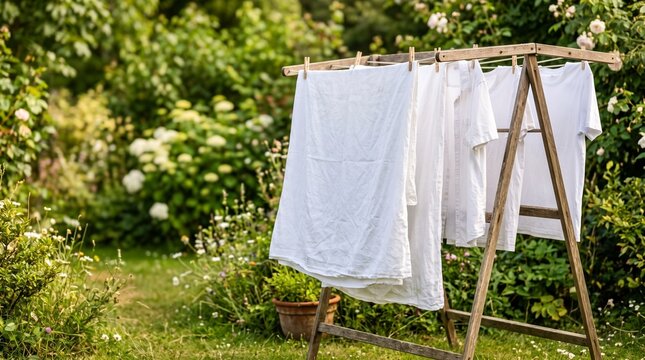 White laundry drying on wooden rack in lush green garden background with fresh cotton clothes and bedsheets hanging on clothesline outdoors
