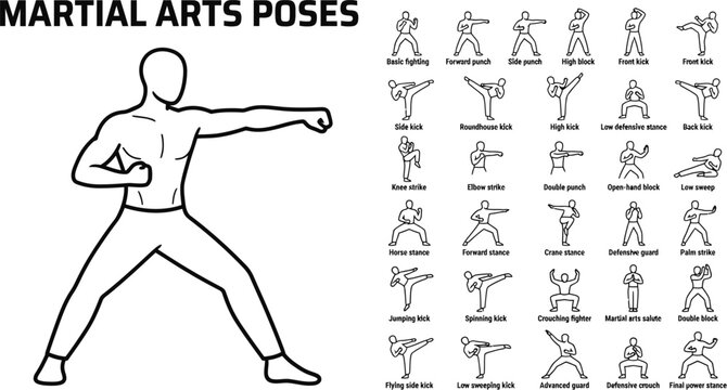 Martial arts poses line art infographic with human silhouette demonstrating combat stances fighting stances self defense karate poses