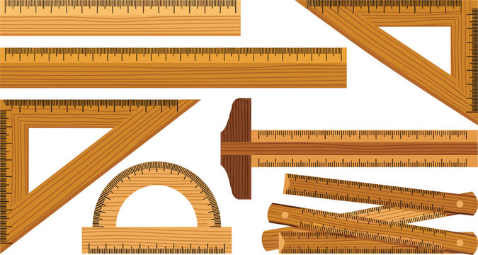 Wooden Ruler and Measuring Tool Vector Icon Set Featuring Straightedges Protractor Triangles T Square and Folding Rules for Engineering Drafting Designs
