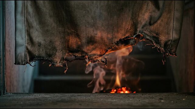 Fabric smoke curtain trapping rising dark smoke with a frayed soot blackened lower hem across a stairwell opening